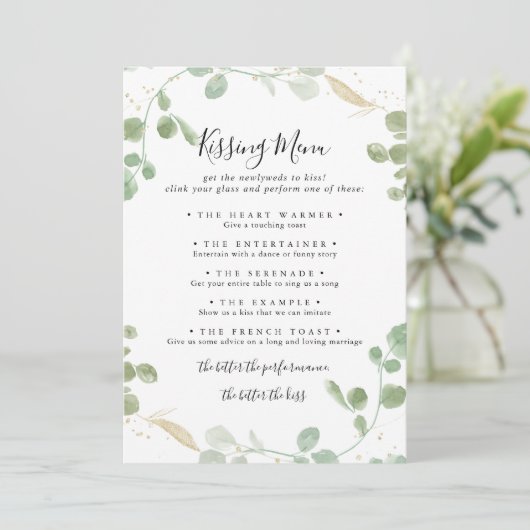 Gold Eucalyptus Weddenschap Kissingmenu Spel Kaart (Staand voorkant)