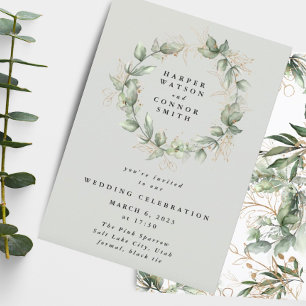 Gold Eucalyptus Wreatgreen Zee Wide Wedding Kaart