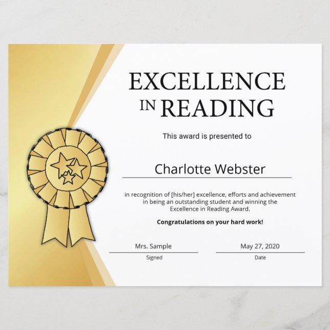 Gold Excellence in Reading Award (Voorkant)