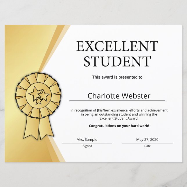 Gold Excellent Student Award - Honorcertificaat (Voorkant)