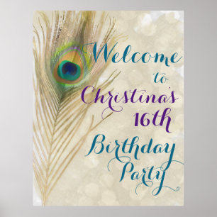 Gold Exotic Peacock Feather Glam Party Banner Poster