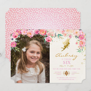 Gold Fairy Pink Floral Birthday Uitnodiging