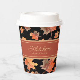 Gold Fall Leaves & Terracotta Stripe Custom Zwart Papieren Bekers
