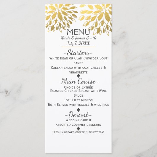 Gold Faux Foil Look Fleurs modernes Menu Floral (Devant)