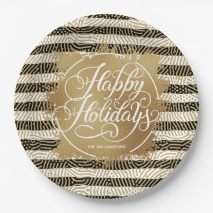 Gold Faux Foil Prettige feestdagen Black White Str Papieren Bordje
