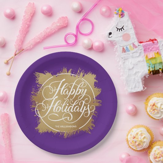 Gold Faux-Folie Prettige feestdagen Paars Papieren Bordje (Feest)