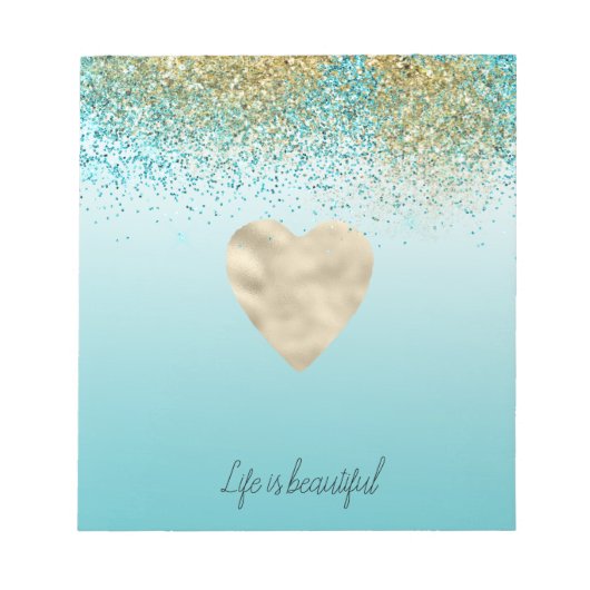 Gold Faux Glitter Aqua Ombre Heart Notitieblok (Voorkant)