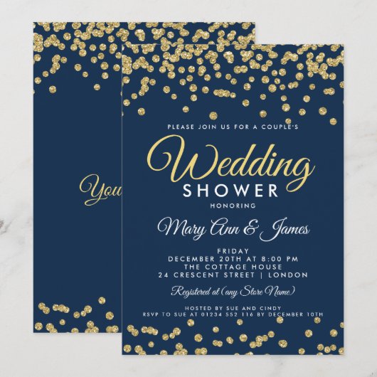Gold Faux Glitter Confetti Navy Couple's Shower Kaart (Voorkant / Achterkant)