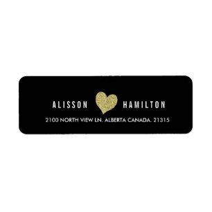 Gold Faux Glitter Heart op zwart   Retouradres Etiket