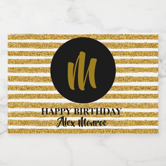 Gold Faux Glitter Stripes Monogrammed Mini Sparkling Wijnetiket (Enkel label)