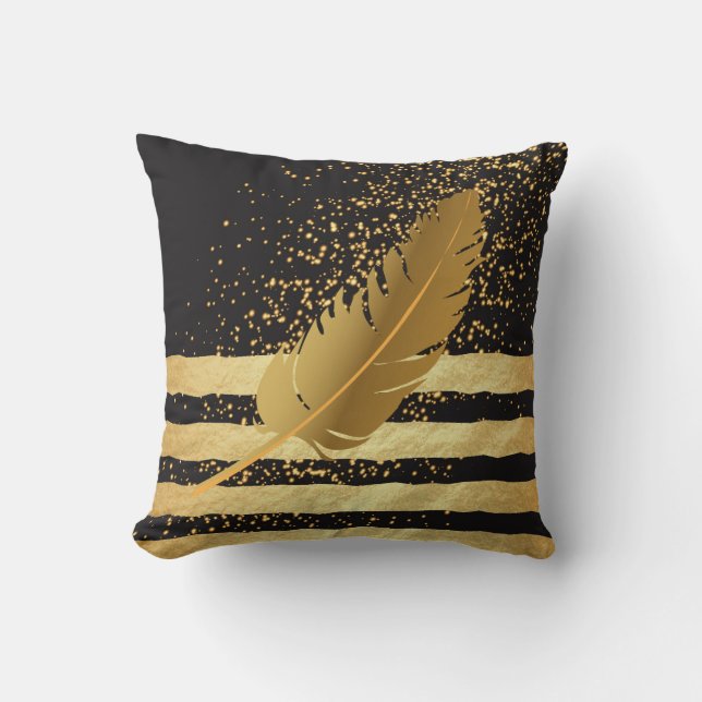 Gold Feather op gouden Confetti en stripes Kussen (Voorkant)