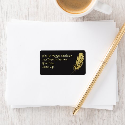 Gold Feather Quill Writers Art Black Address Etiket (Insitu)