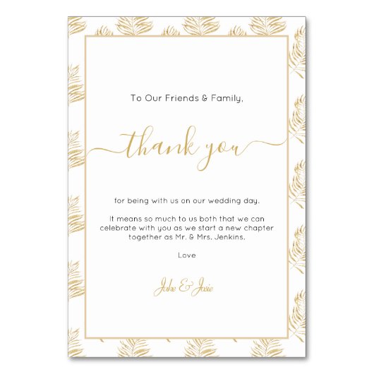 Gold fern leaf Weddenschap bedankt voor de tafelka (Voorkant)