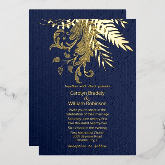 Gold Ferns en Foliage op Blue Damask Wedding Folie Uitnodiging (Voorkant / Achterkant)