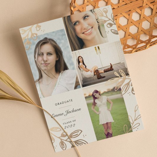 Gold Feuilles 4 Photo Grad Faire-part