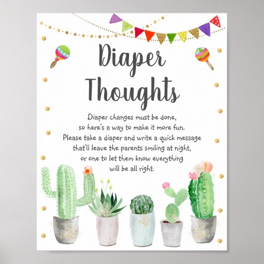 Gold Fiesta Cactus Diaper Thoughts Baby shower Poster (Voorkant)
