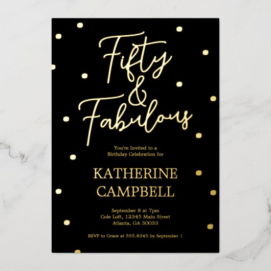 Gold Fifty and Fabulous Script 50th Birthday Folie Uitnodiging (Voorkant)