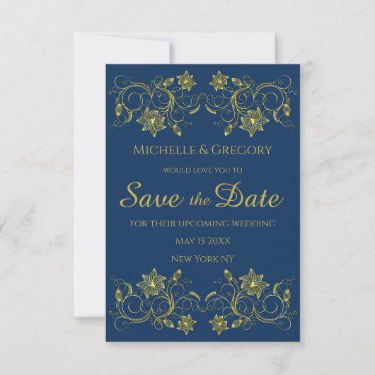 Gold Filigree en Script op Atlantic Blue Save The Date (Achterkant)
