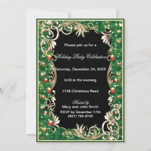 Gold Filigree Green Pine Noël Invitation