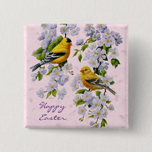 Gold Finch Birds & Apple Tree Pink Vierkante Button 5,1 Cm
