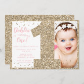 Gold First Birthday Invitation, Faux Glitter Kaart (Voorkant / Achterkant)