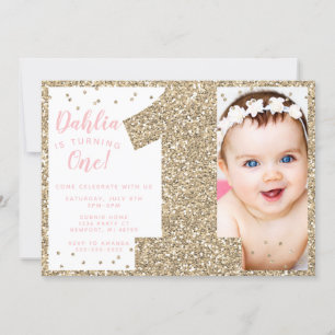 Gold First Birthday Invitation, Faux Glitter Kaart