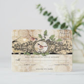 Gold Flecks Birdcage Damask  Love Bird RSVP Kaartje (Staand voorkant)