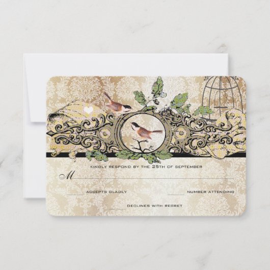 Gold Flecks Birdcage Damask  Love Bird RSVP Kaartje (Voorkant)