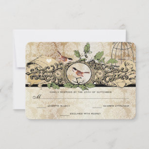Gold Flecks Birdcage Damask Love Bird RSVP Kaartje