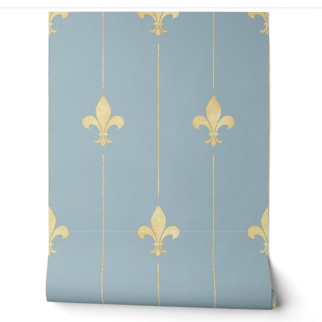  Gold Fleur-de-Lis Dusky Blue Behang (Afrollen)