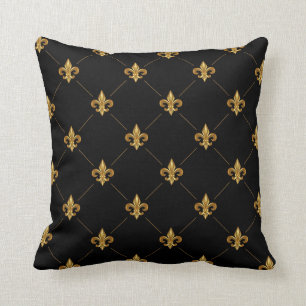 Gold Fleur De Lis Elegant Damask Pattern Black Kussen
