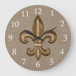 Gold Fleur de Lis Faux Burlap Grote Klok