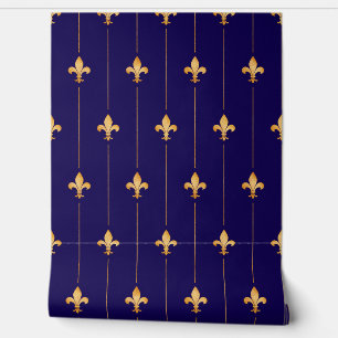  Gold Fleur-de-Lis (kleinschalig) Donkerblauw Behang