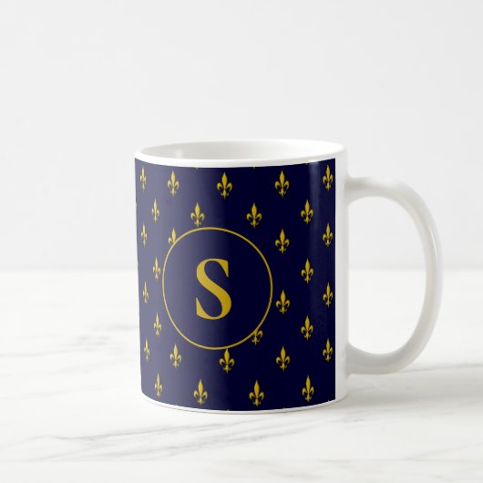 Gold Fleur de Lis Pattern op Royal Blue Koffiemok (Rechts)