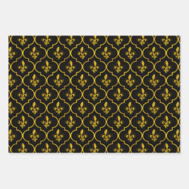 Gold Fleur-de-Lis Quatrefoil Pattern Inpakpapier Vel