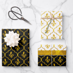 Gold Fleur-de-Lis Quatrefoil Pattern Inpakpapier Vel