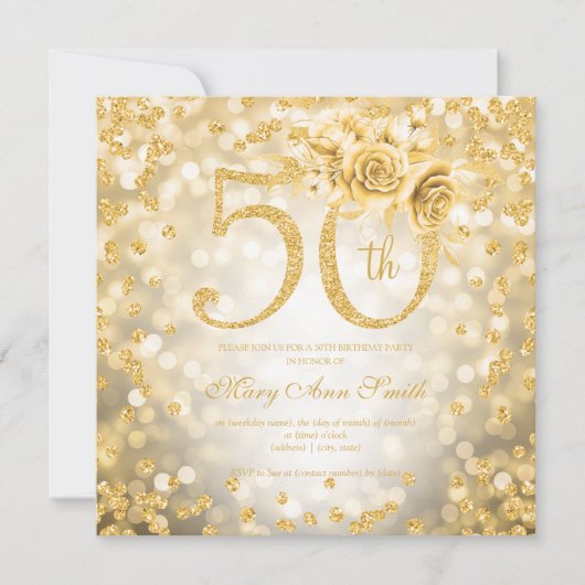 Gold Floral 50th Birthday Glam Lights (Voorkant)