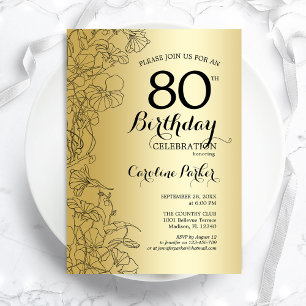 Gold Floral 80th Birthday Party Kaart