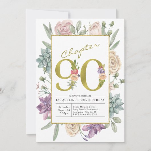 Gold Floral 90th Birthday Kaart (Voorkant)