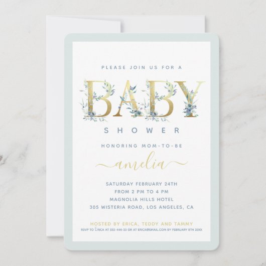 Gold Floral Baby Blue Boy Shower Invite (Voorkant)