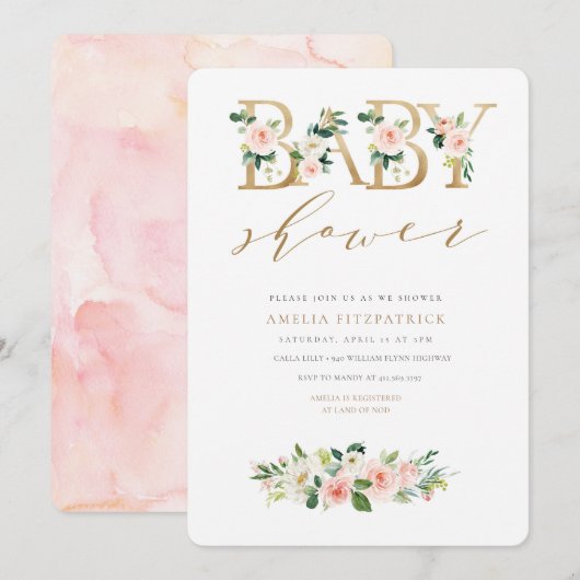 Gold Floral Baby shower Invitation fille (Devant / Derrière)