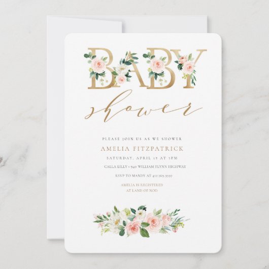 Gold Floral Baby shower Invitation Girl Kaart (Voorkant)