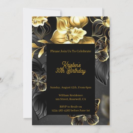 Gold Floral Birthday Uitnodiging (Voorkant)