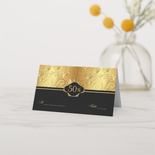 Gold Floral Black 50th Wedding Reception Place Car (Voorkant)