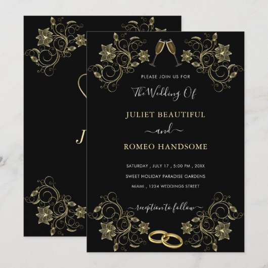 Gold Floral Black Golden Wedding Invitation (Voorkant / Achterkant)