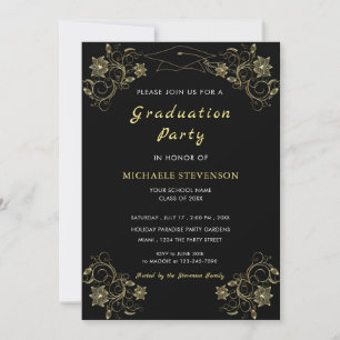Gold Floral Black Graduation Modèle d'invitation
