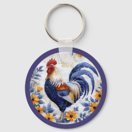 Gold Floral Blue Rooster Farmhouse Sleutelhanger