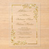 Gold Floral Border Islamic Wedding Acryl Uitnodigingen (Voorkant)