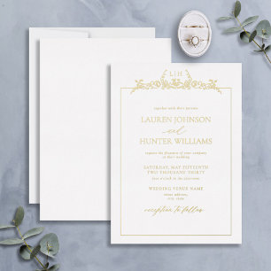 Gold Floral Border Monogram Weddenschap Folie Uitnodiging