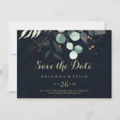 Gold Floral Calligraphy Blue Horizontal Wedding Save The Date (Voorkant)